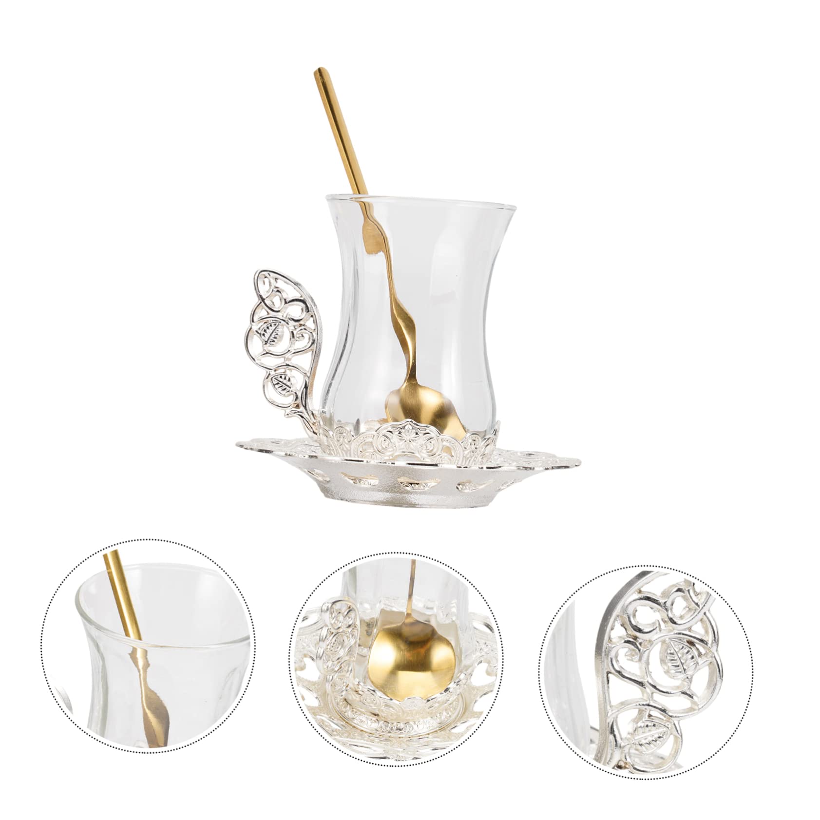 2Juegos Taza de Café y Té de Vidrio con Platillo y Cuchara Diseño Elegante y Tallado para Servir Bebidas Calientes Estilo Vintage para Hogar
