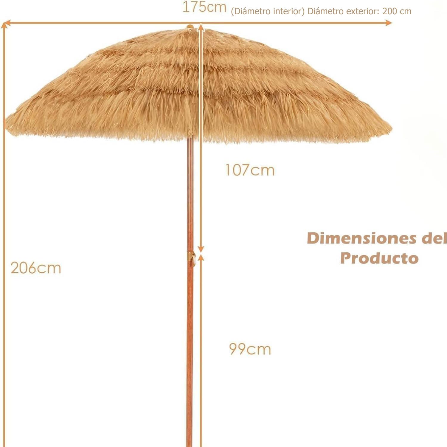 GOPLUS 2M Sombrilla Paja de PP con Flecos, Parasol Hawaiana Inclinable de Terraza Exeterior con 8 Varillas, Bolsa de Transporte, Protección Solar para Jardin, Balcón, sin Base(Natural, 200cm)