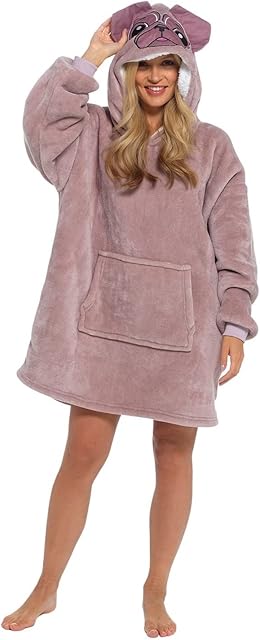Slumber Hut Hoodie Wearable Blanket Ultra Soft Fleece Snuggle Poncho Loungewear Hooded Top Oversized Comfy Cosy Sweatshirt Throw Cover - Brown Pug Adults One Size