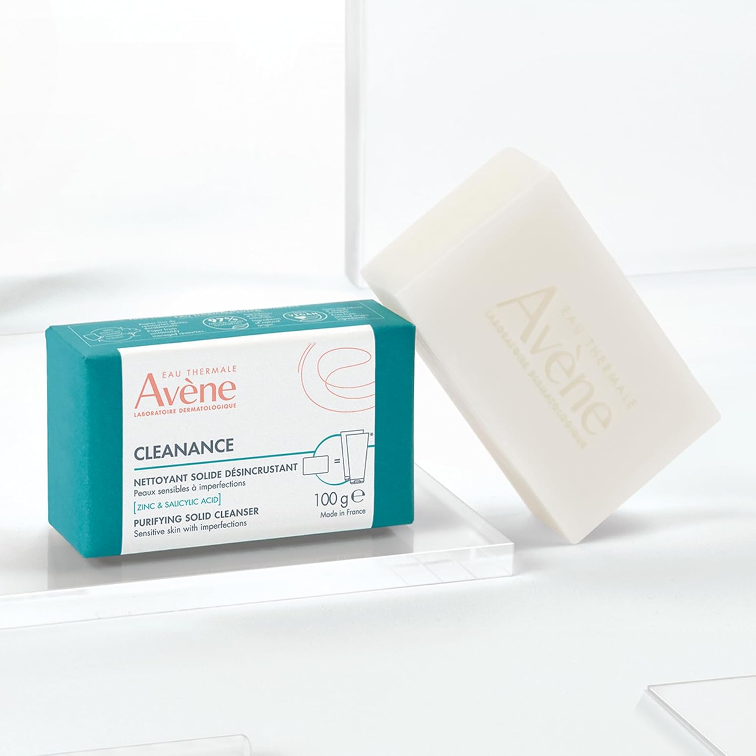 AVENE Cleanance Barra Dermatológica, Limpiadora Facial con Ácido Salicílico, 100g