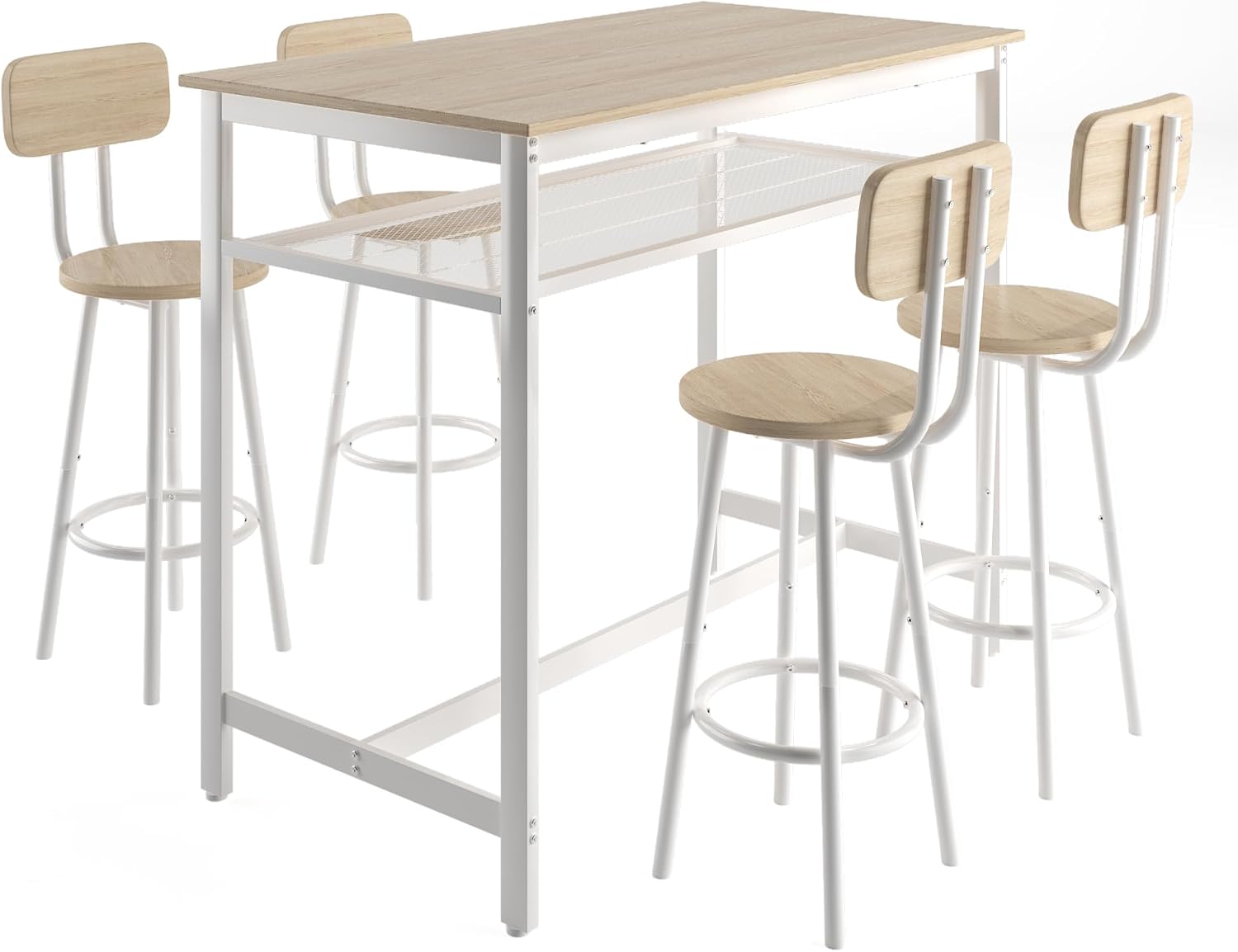 5 Piece Counter Height Dining Table Set, Heavy Duty Metal Kitchen Table Set with Storage Shelf and 4 Height Chairs, Modern Bar Table and Chairs Set for Kitchen, Dining Room, Bar, White Oak