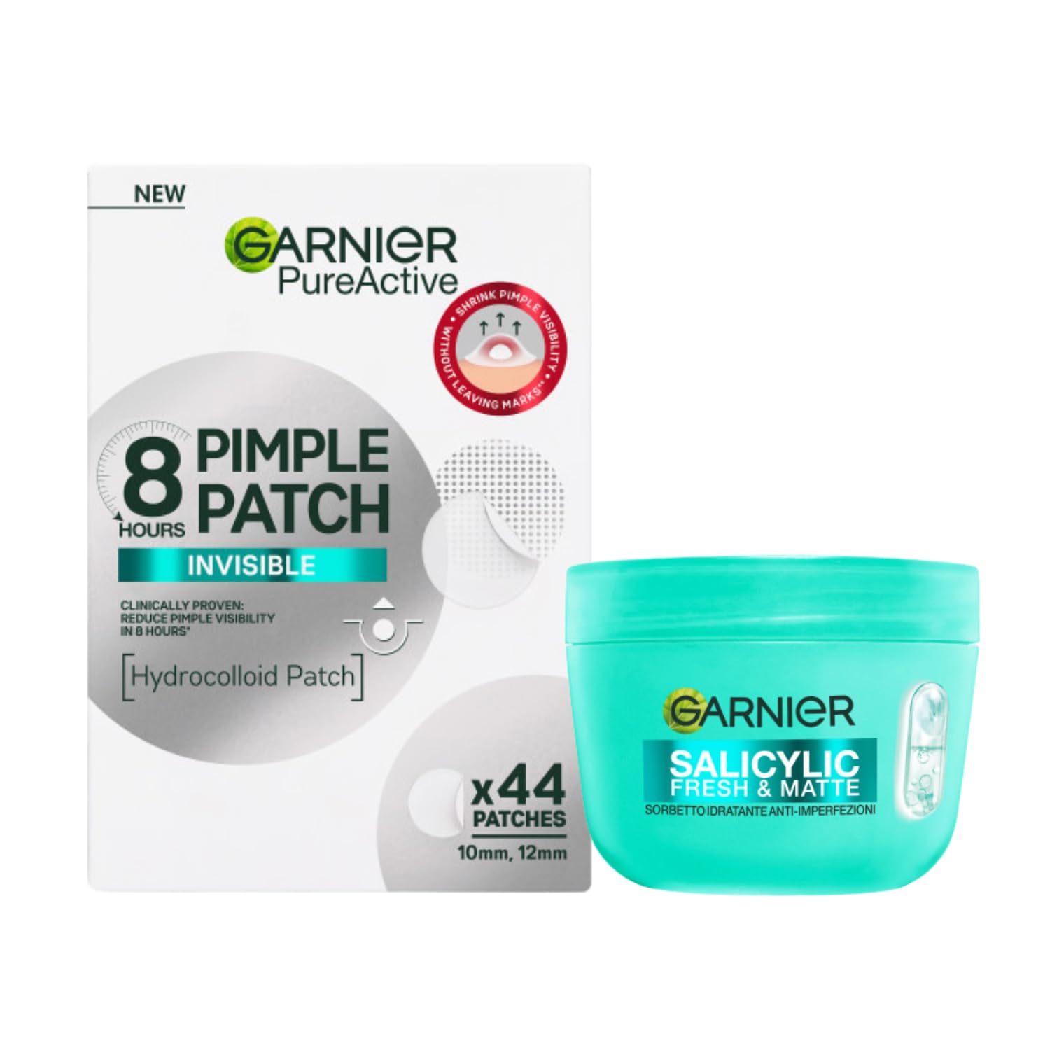 Garnier Routine Anti-Imperfezioni: Crema Idratante Sorbetto Salicylic Fresh & Matte + 44 Pimple Patch Idrocolloidali Pure Active, Trattamento Brufoli Giorno e Notte
