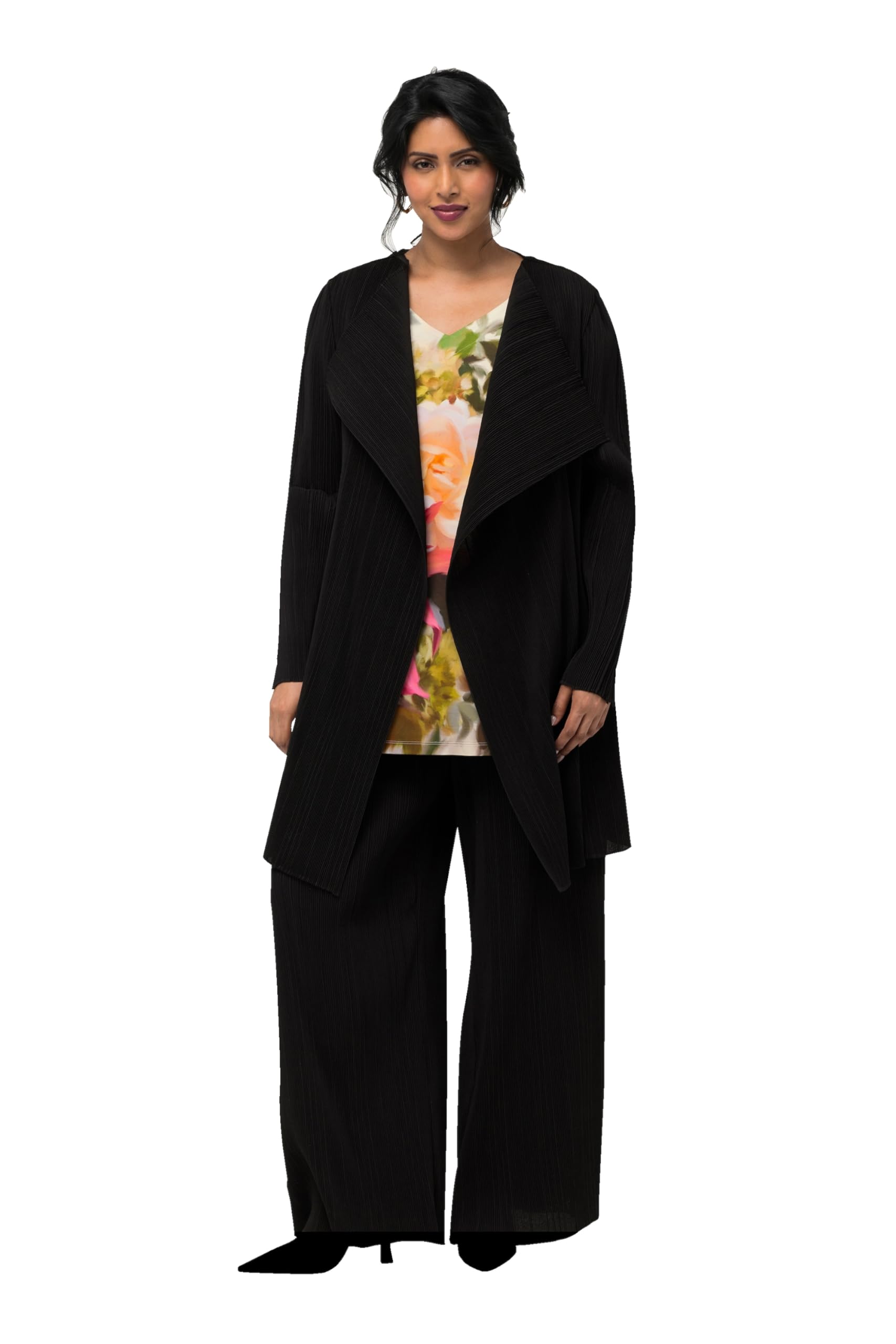 Ulla Popken Damen große Größen Übergrößen Plus Size Plissee-Jacke, offene Form, V-Ausschnitt, Langarm 830749