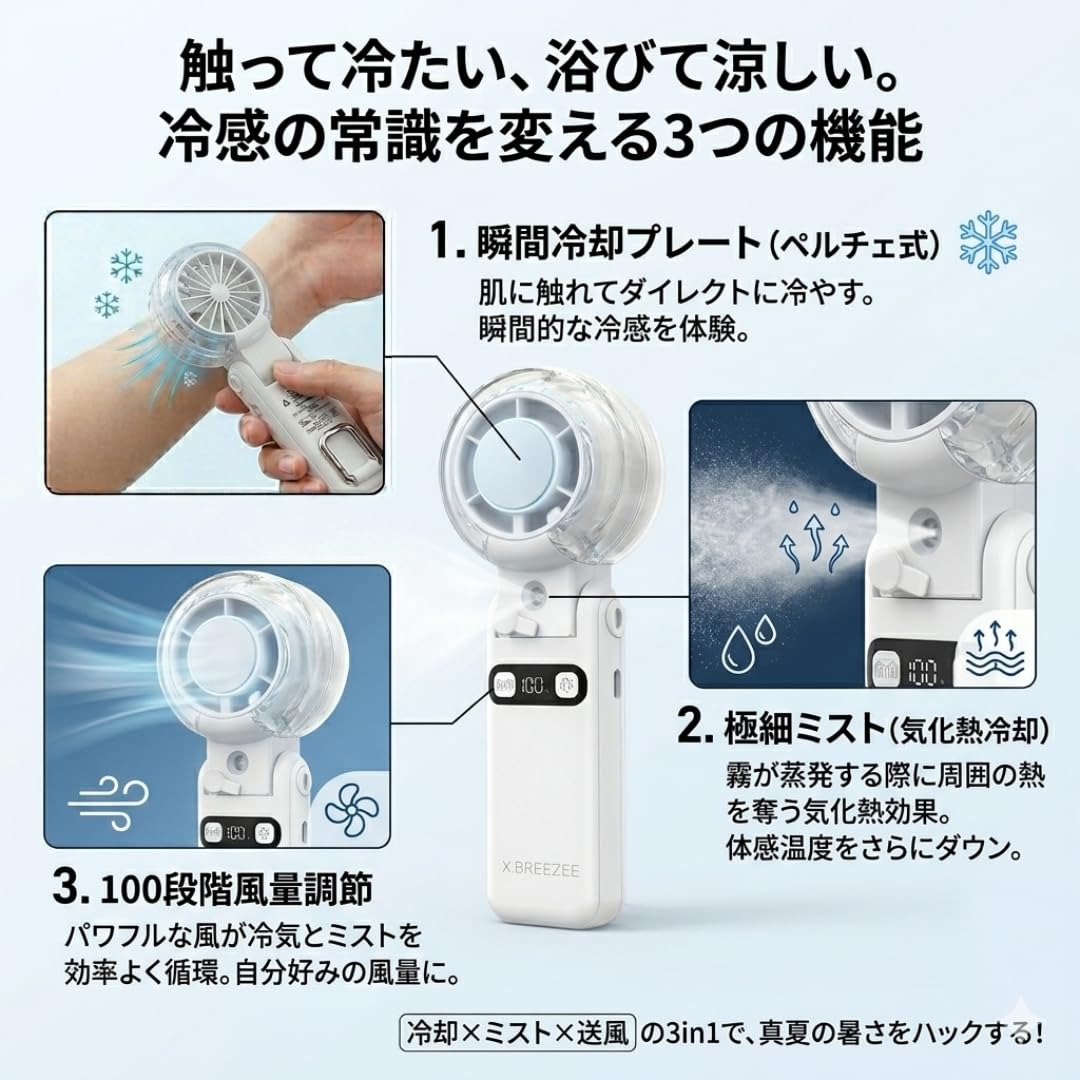 Amazon | 【3in1冷感】 ハンディファン 冷却プレート ミスト 100段階