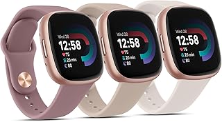 3 Pack Silicone Bands Compatible with Fitbit Versa 4 Bands/Versa 3 Bands/Sense 2 Bands/Fitbit Sense Bands, Classic Soft Sport Band Wristbands Strap for Women Men (Milk Tea/Smoke Purple/Starlight)