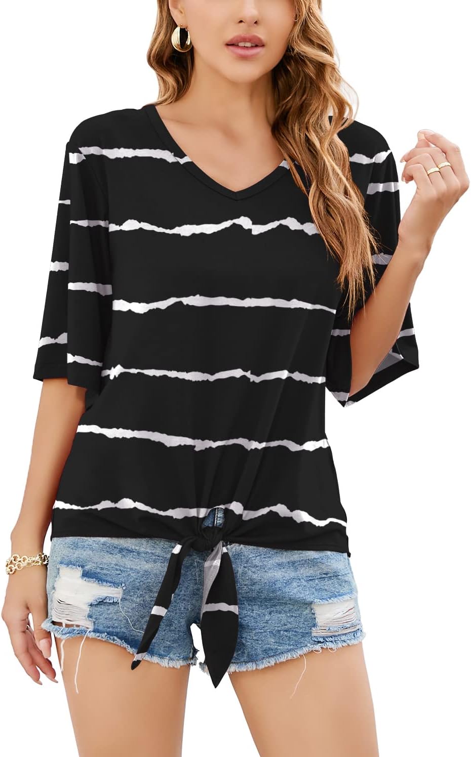 Women's Tie Front Tops Summer V Neck 3/4 Bell Sleeve Twist Knot Shirt