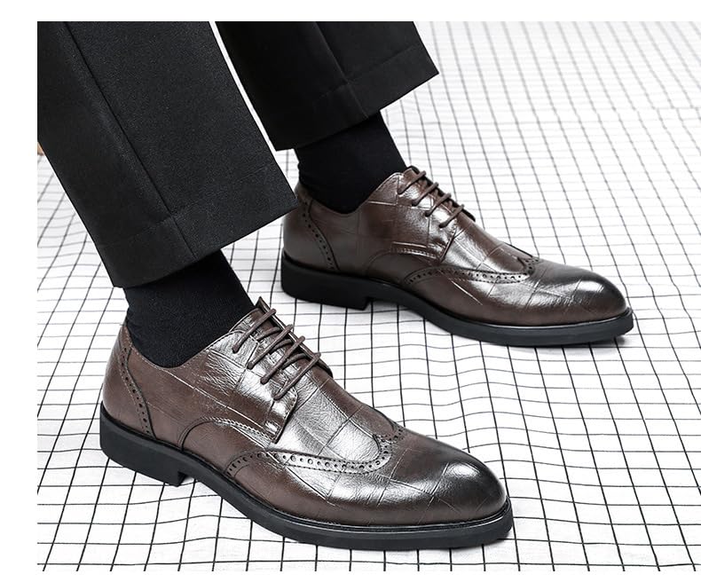 Formal Shoes for Men Lace Up Pointed Burnished Toe Wingtips Vegan Leather Derby Shoes Block Heel Low Top Rubber Sole Non Slip Party4