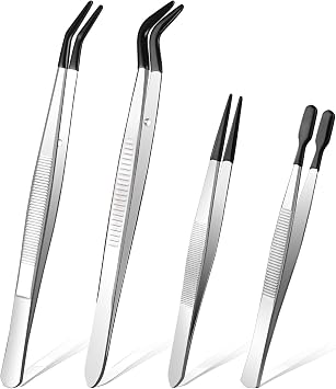 Ainiv 4pcs Tweezers with Rubber Tips, PVC Coated Tweezers Set, Rubber Straight/Flat/Long Curved Tips Non Marring Tweezers for Jewelry Crystals Bead, Crafts Making, Lab Stainless Steel Tweezer Tool
