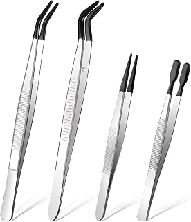 Ainiv 4pcs Tweezers with Rubber Tips, PVC Coated Tweezers Set, Rubber Straight/Flat/Long Curved Tips Non Marring Tweezers for Jewelry Crystals Bead, Crafts Making, Lab Stainless Steel Tweezer Tool
