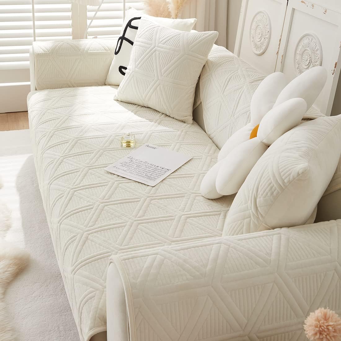 vctops Velvet Plush Thick Sofa Couch Cover Geometric Quilted Sectional Couch Covers Warm Soft Non Slip Sofa Slipcover Furniture Protector for Pets Kids Children Dog Cat (Cream A,36"x36")