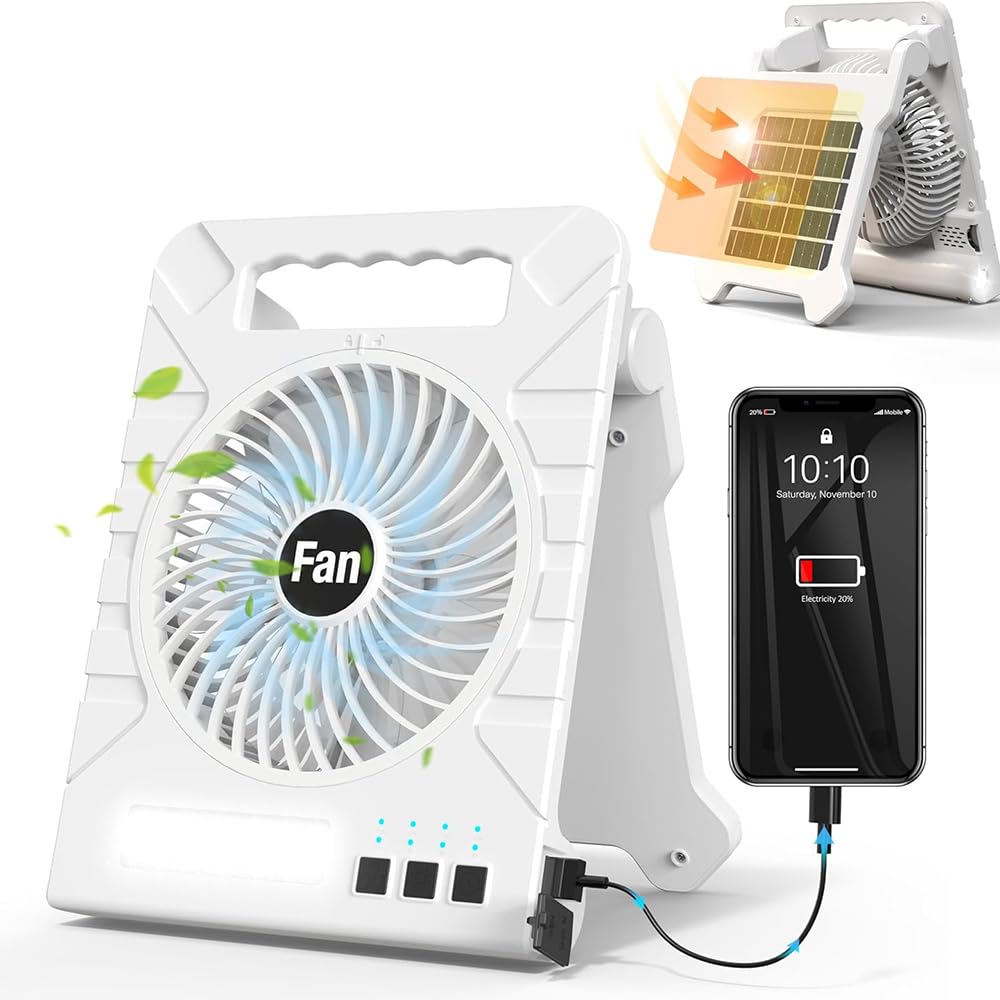 【10000mAh・懐中電灯機能・超軽量】2026年 ソーラー扇風機 10000mAh大容量 キャンプ扇風機 USB充電式 携帯便利 4段階風量 4段階切りタイマー 3段階LEDライト 多機能 dcモーター コードレス 卓上 おしゃれ キャンプ/リビング/アウトドア/室内/卓上/車中泊/防災用 Type-C付き 日本語説明書 (ホワイト)