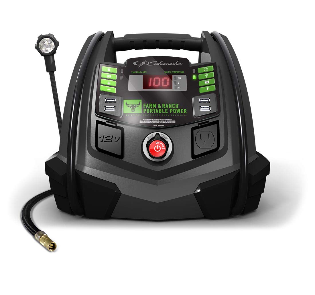 Schumacher Rechargeable AGM Jump Starter for Gas, Diesel Vehicles - 1200A with Air Compressor and 12V USB/AC Power Station...