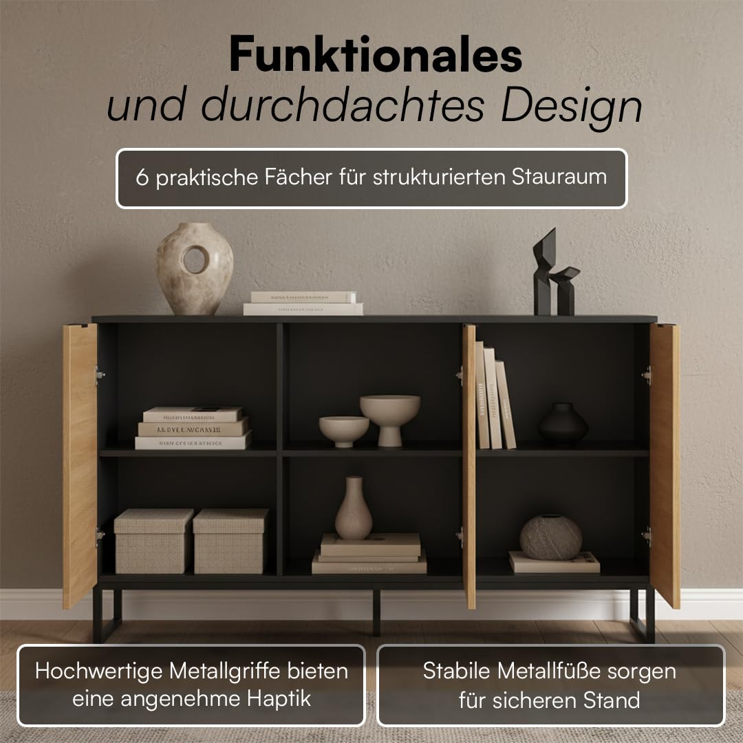 Bellamio Luvua Kommode mit 6 Fächern – Sideboard in schwarz mit Eichen-Front – Lowboard mit 3 Türen – Aufbewahrungskommode für Wohnzimmer, Schlafzimmer, Flur – Holz Schrank 80 x 40 x 135 cm (HxTxB)