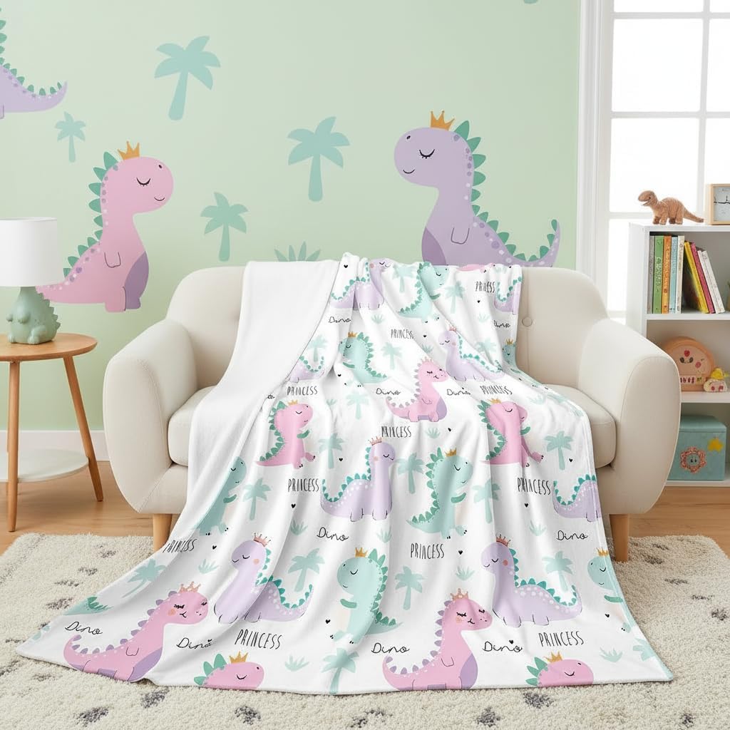Erosebridal Kids Dinosaur Throw Blanket 40x50 for Kids/Child Girls Kawaii Dino Princess Fleece Blanket,Cartoon Watercolor Dinosaur Hand Painted Flannel Blanket,Boys Jungle Animal Fuzzy Blanket Purple