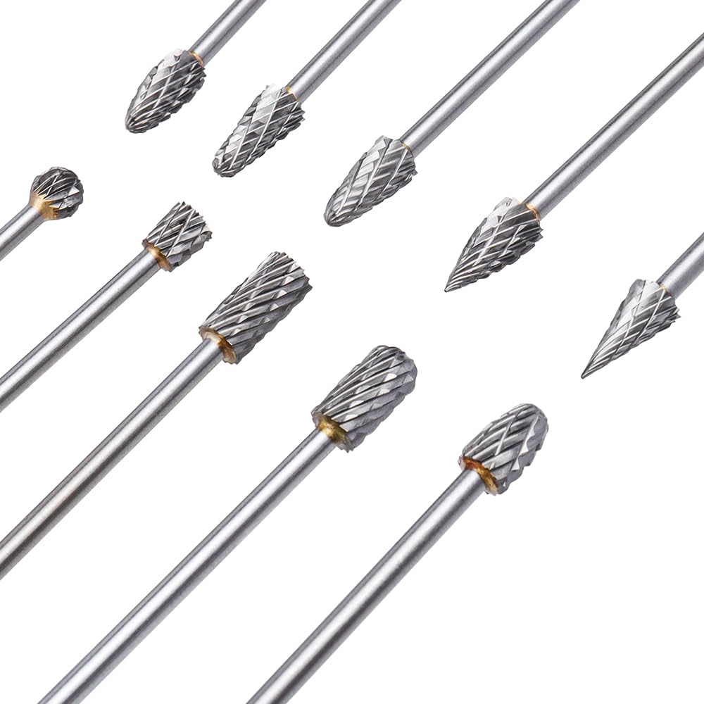 Treki 10 Stück 100mm Lang Hartmetall Frässtifte mit 3mm Schaft Wolframcarbid Fräser Fräsaufsatz für Akkuschrauber, Lang Hartmetallfräser Metallfräser Holzschnitzerei Bohrer Set für Holzarbeitung