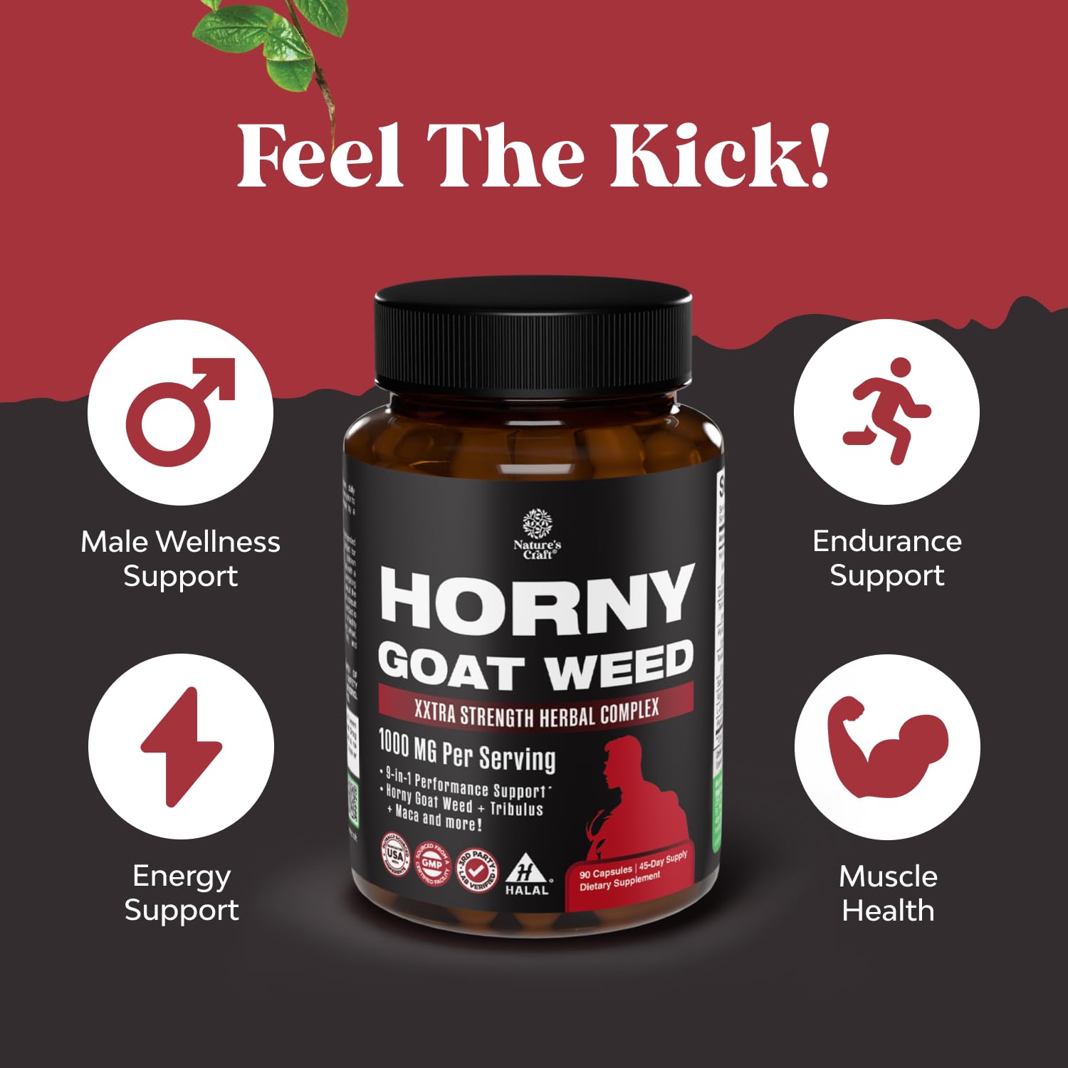 Natures Craft Horny Goat Weed for Men - Extra Strength Male Supplement with Black Maca Root, Tongkat Ali, Saw Palmetto & Panax Ginseng Extract for Stamina & Energy - 90 Capsules