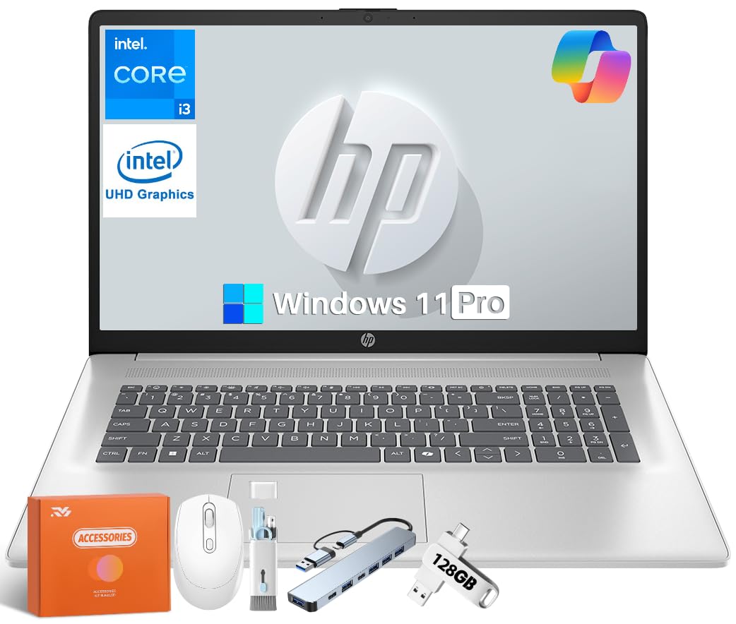 HP 2025 17.3" Laptop Compurter for Business &amp; Student, Intel 8-Core Processor, 16 GB RAM, 256 GB SSD, Anti-Glare Display, Windows 11 Pro, Bluetooth 5.3, Type-c, Silver, Copilot AI, w/Accessories