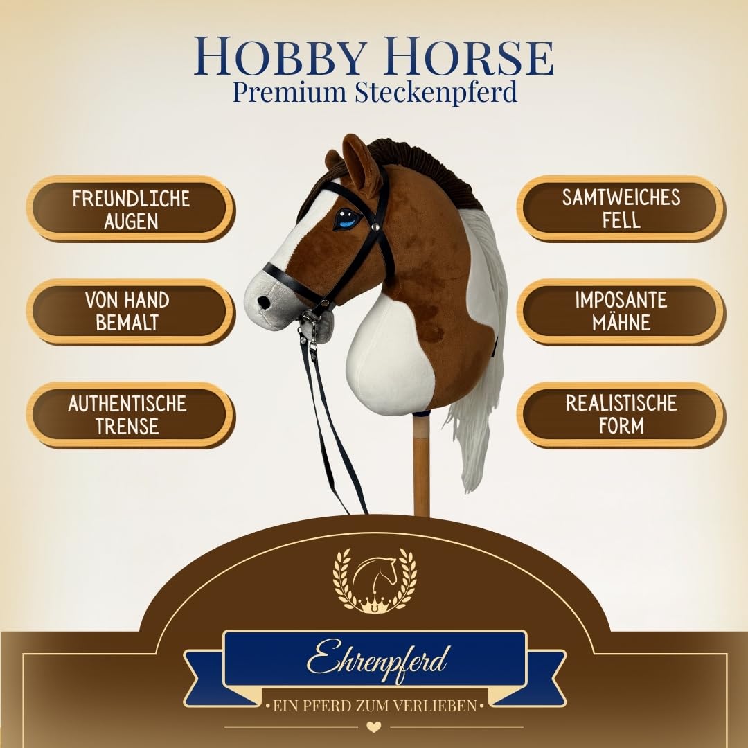 Hobby Horse Pferd -A3- Premium Steckenpferd mit Zubehör für Hobby Horsing: Pferde Spielzeug Set mit Stockpferd, Trense, Turnierschleife & Stall als Pferde Mädchen Geschenk - Toffee