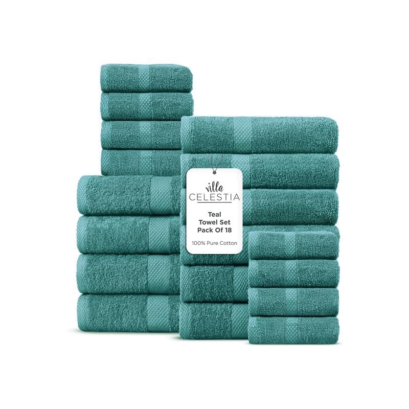 Image of Villa Celestia 100% Cotton Bath Towel Set of 18-4 Bath Towels, 6 Hand Towels, 8 Wash Cloths, Sustainable, Soft, Highly Absorbent, Combed Cotton 18 Piece Set for Hotels, Spa, Bathroom, Dorm, Teal