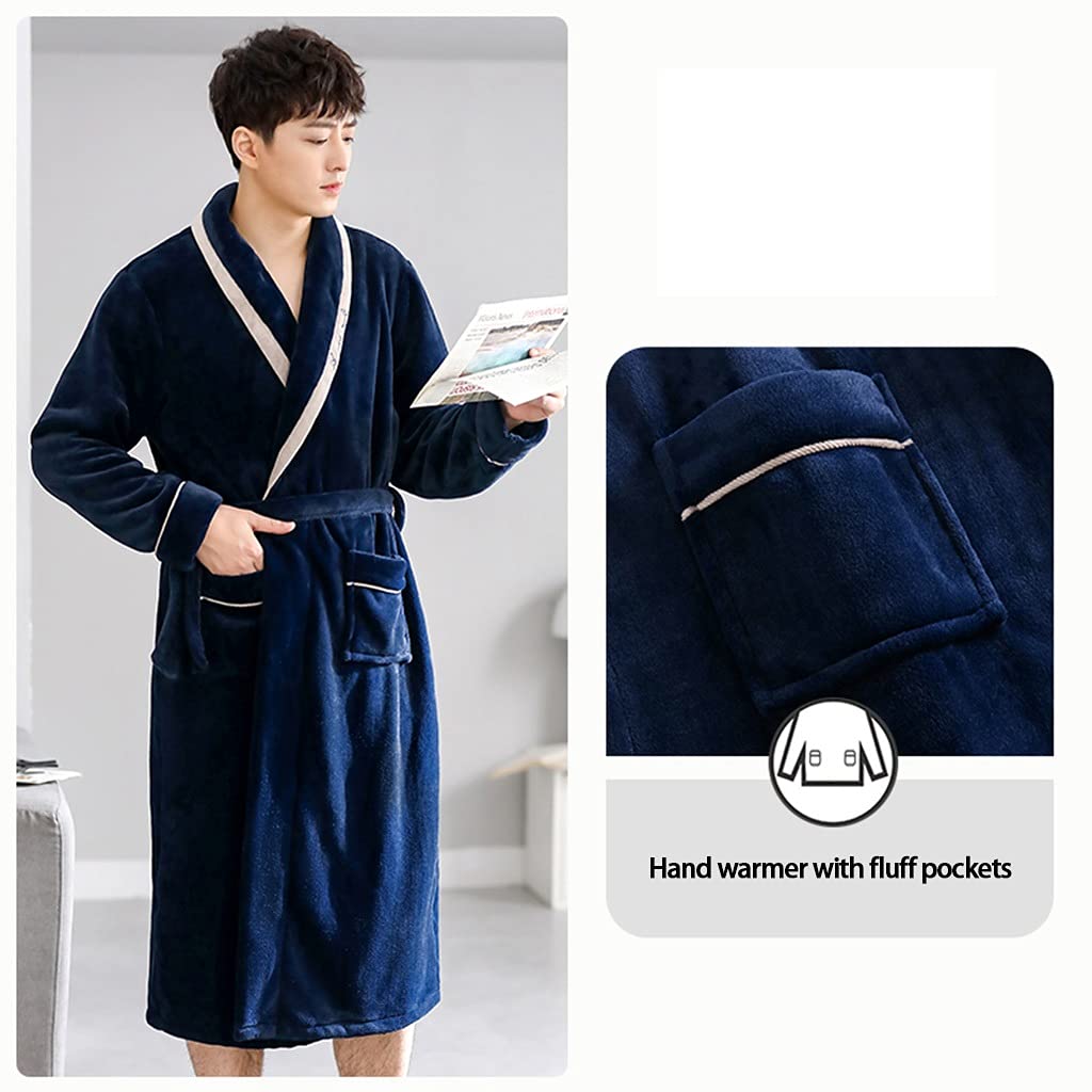 GHYUB Morbido Accappatoio di qualità da Uomo，Accappatoio Lungo Caldo in Peluche con Cintura in Vita per Uomo Accappatoio in Pile Accappatoio Spa (Color : Blue, Size : 3XL)
