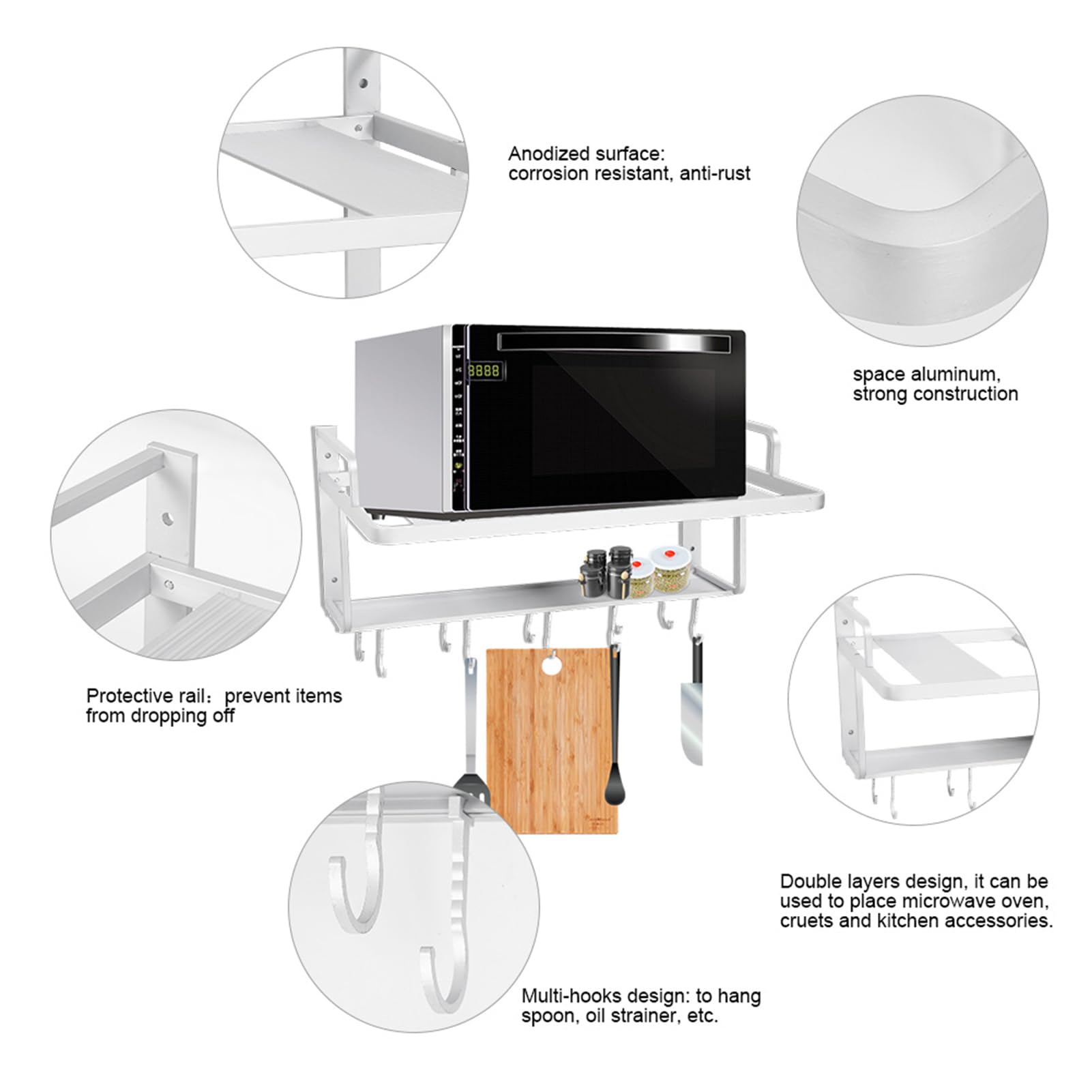 Support de Four à Ondes à Double Couche en Aluminium, Multi-Crochets pour Suspendre L'étagère de Rangement de Cuisine, Organisateur 55x38.5x25cm