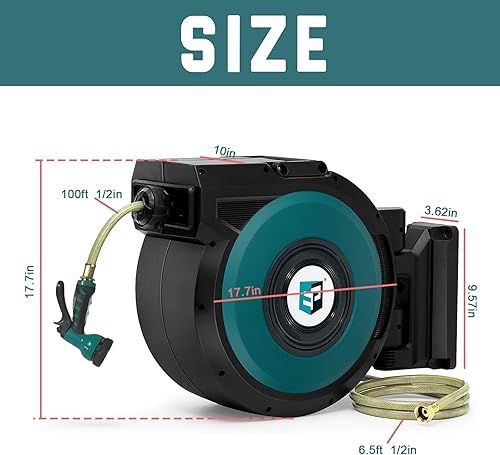 Miniatura 8 de EP Carrete de manguera de jardín retráctil, 12 pulgada x 100 pies, carretes de manguera de jardín resistentes montados en la pared, con boquilla