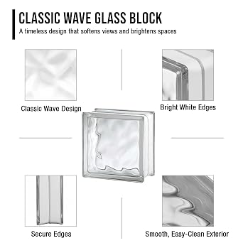 | 7.5x7.5x3 Basic Wave Glass Block | Decorative Glass Brick for Home Walls, Windows, Partitions & Modern Interior Decor