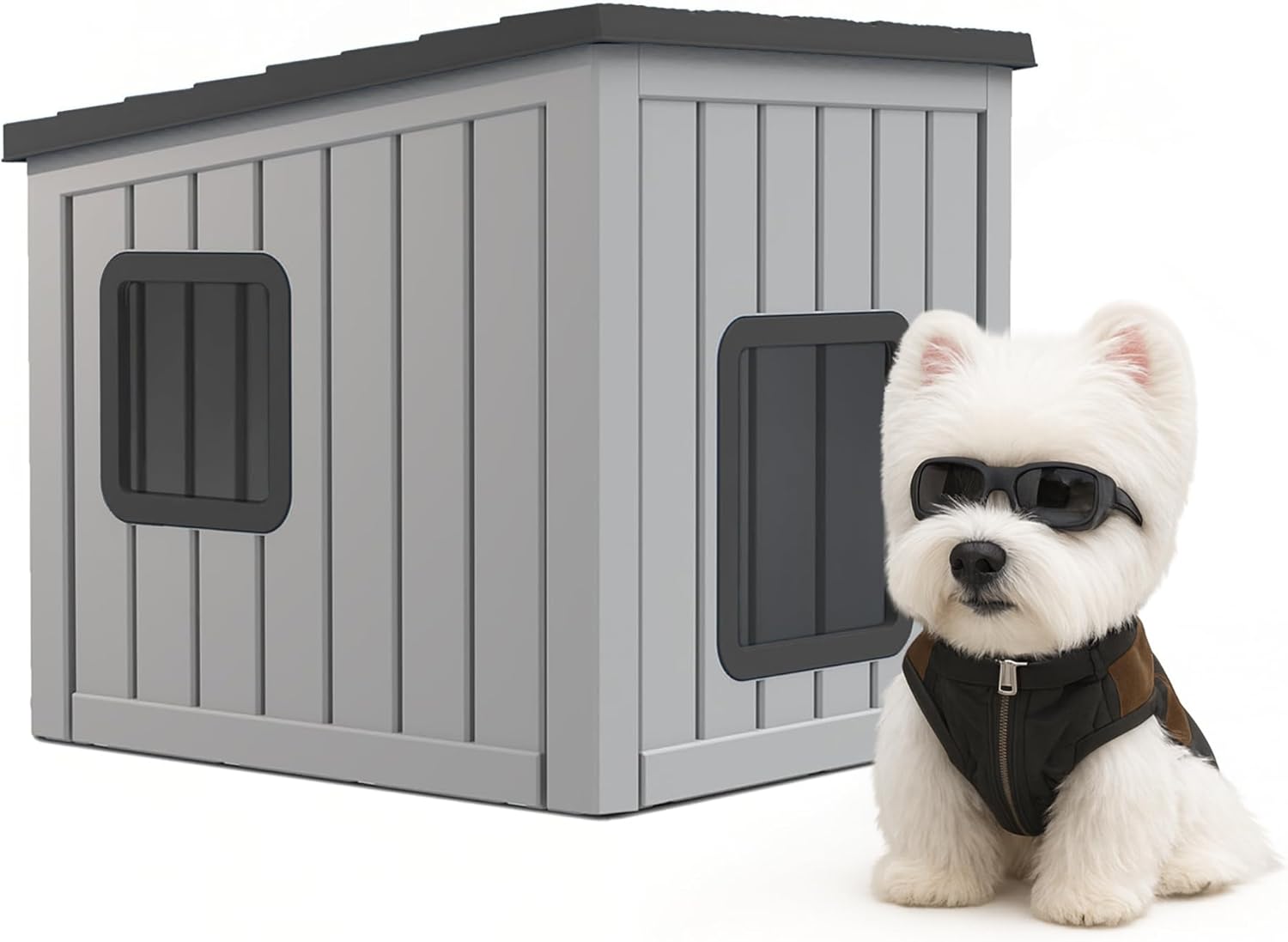 Dog House Small Dog Houses Outdoor with Sloped Roof Waterproof Ventilated Design Easy to Clean Elevated Floor Easy Assembly for Middle Sized Dogs(Grey 24.65"*21.5"*22.21")