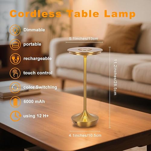 Miniatura 5 de Lámpara de mesa LED inalámbrica recargable, batería portátil de 6000 mAh, lámparas de mesita de noche para exteriores, lámpara táctil de atenuación
