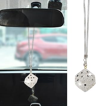 JSCARLIFE Bling Crystal Dice Rear View Mirror Charm Sparkly Electroplated Hanging Ornament for Car Interior Decor Gift for Women White