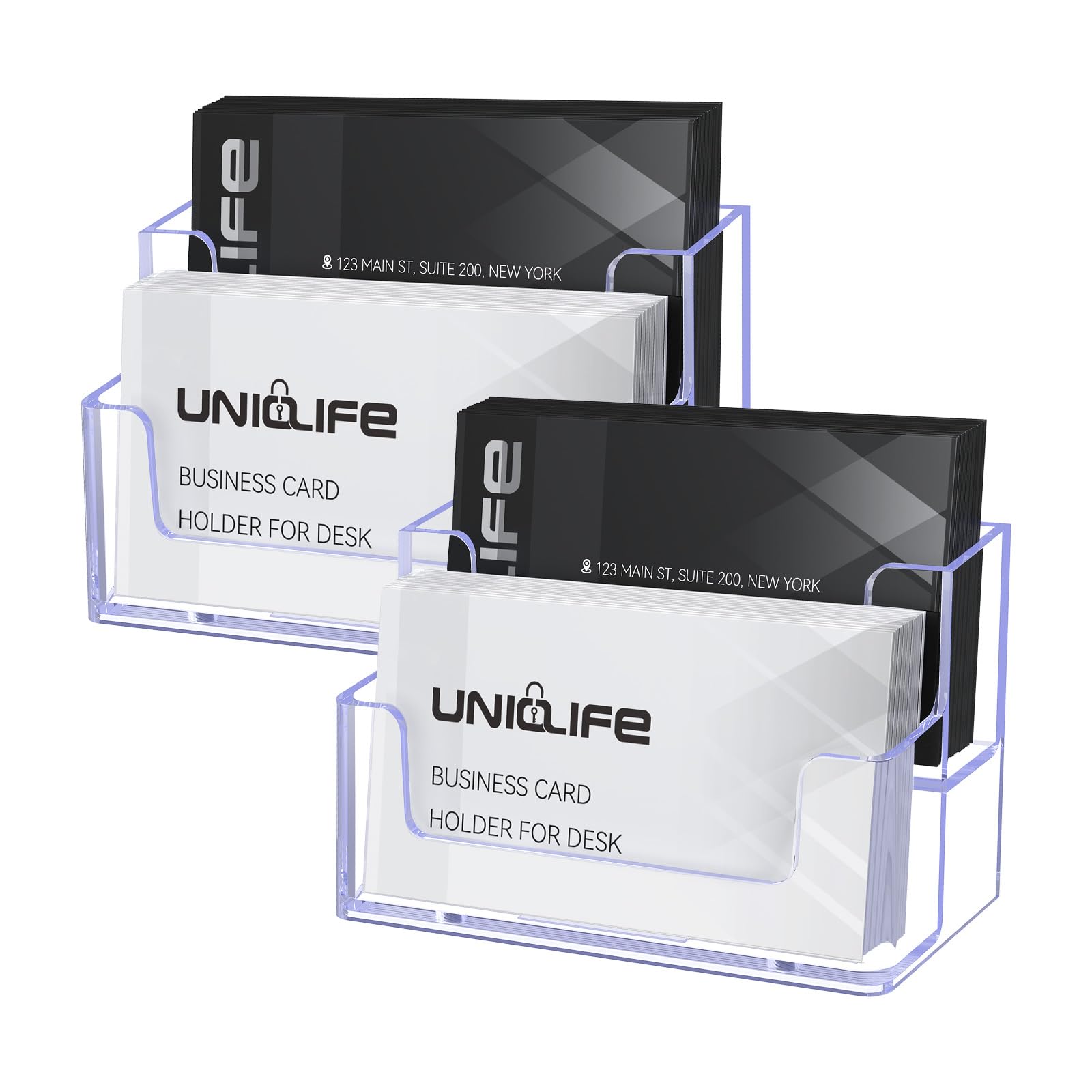 Uniclife 2 Pack Acrylic Business Card Holder for Desk 2 Slots Clear Business Card Display Stand for Men