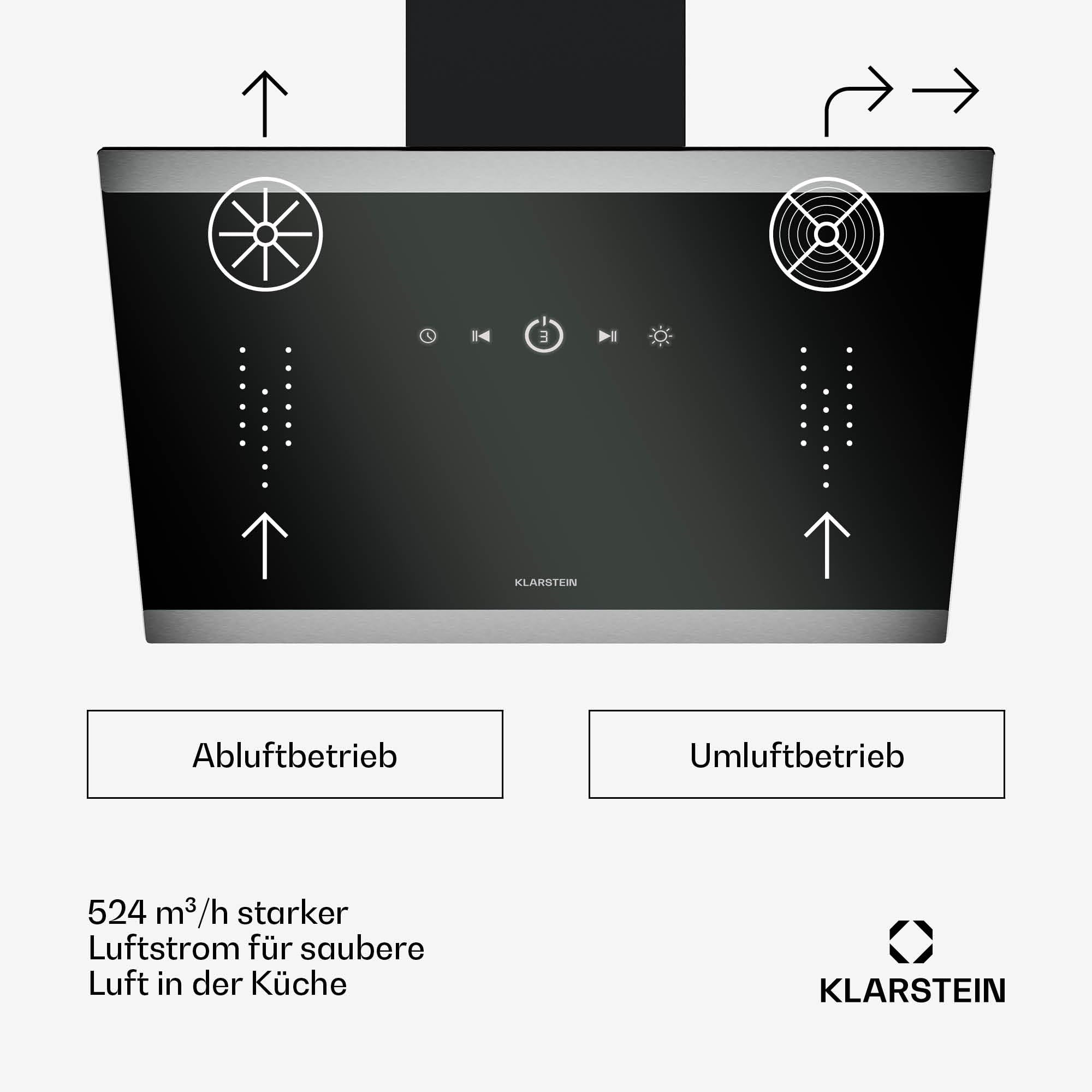 Klarstein FlashLine Dunstabzugshaube 60 cm Kopffreihaube Touchscreen 524 m³/h A++ LED-Beleuchtung leise 34,5 dB Schwarz Abluft Umluftbetrieb