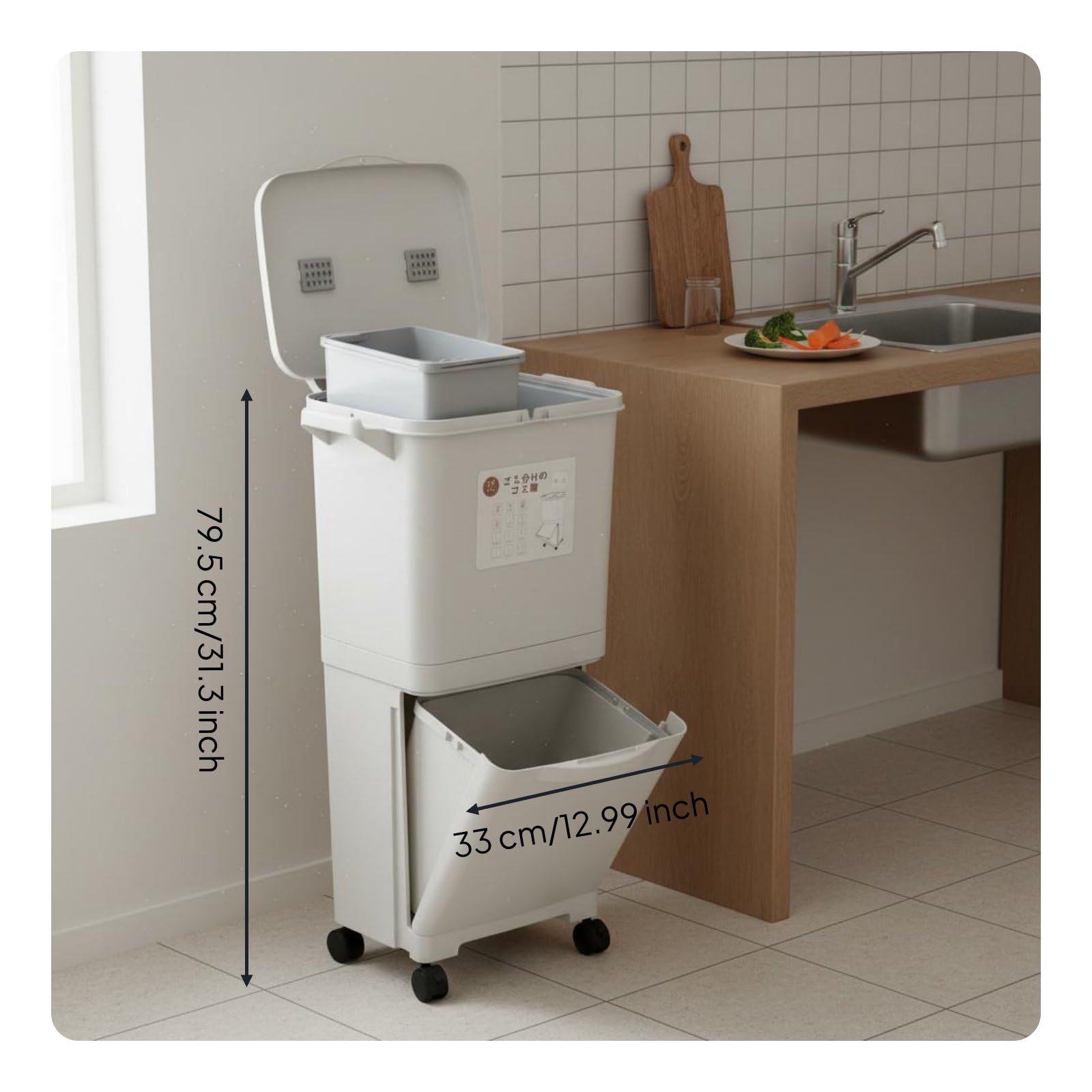 Küchen Abfalleimer Mülleimer Recyclingbehälter mit Platzsparendem Doppelschacht System Sortierung für Recycling Pedalbedienung Universalrollen Deckel, color to 3, Jp D-Behälter S-Deckel