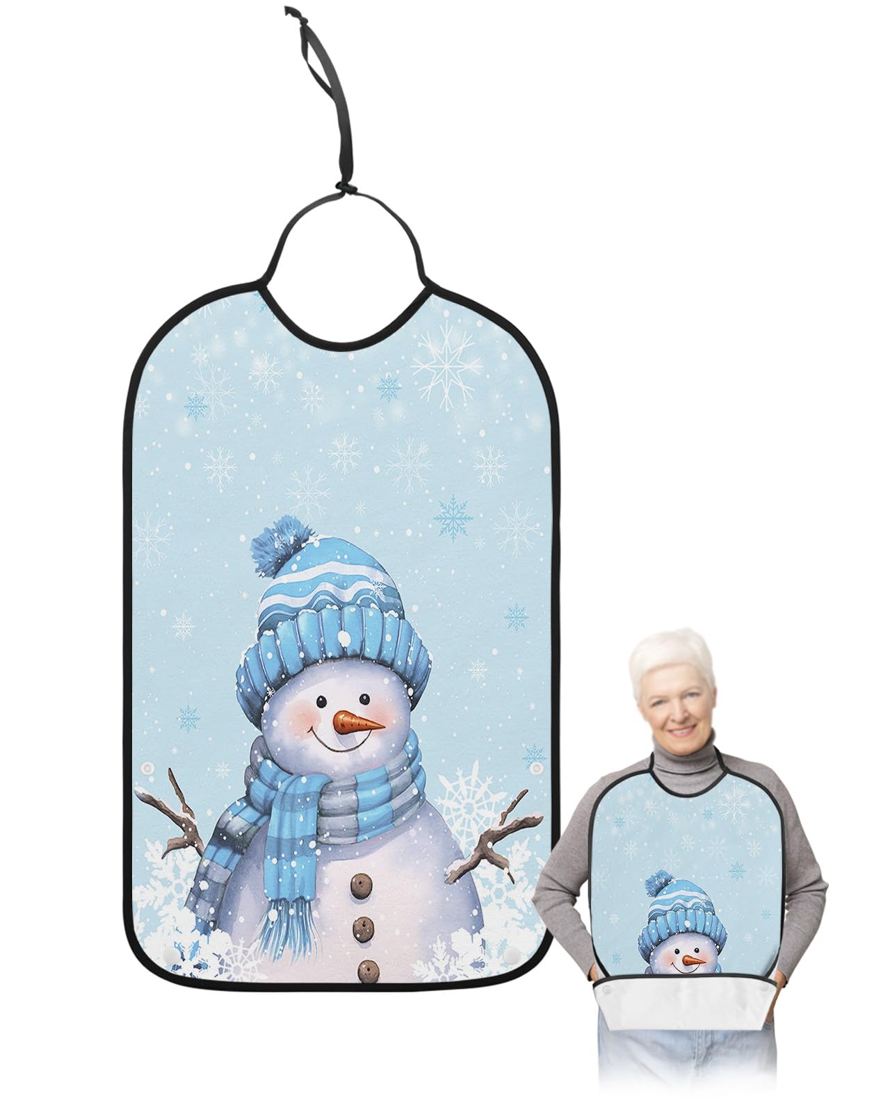 Cute Snowman Adult Bib for Eating with Crumb Catcher,Blue Christmas Snowflake Winter Holiday Washable & Waterproof Terry Cloth Adjustable Elderly Women Men Adult Bibs Funny Apron Clothing Protector