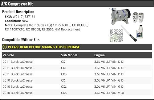 Kit de compresor de A/C - Compatible con Buick LaCrosse 3.0L 3.6L V6 2010-2011