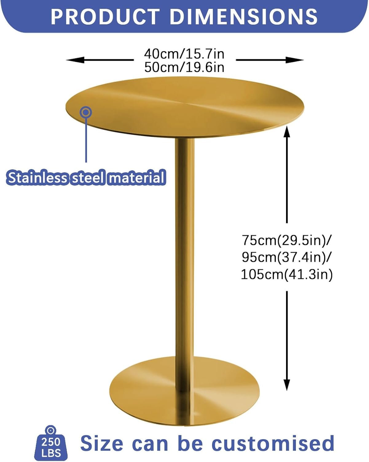 Round Bar Table | 40cm/50cm Table Top High Kitchen Dining Tables | Stainless Steel Outdoor Side End Tables| Circular Cocktail Drinks Table | Tall Garden Patio Counter Bistro Pub Tables ( Size : 50x50x