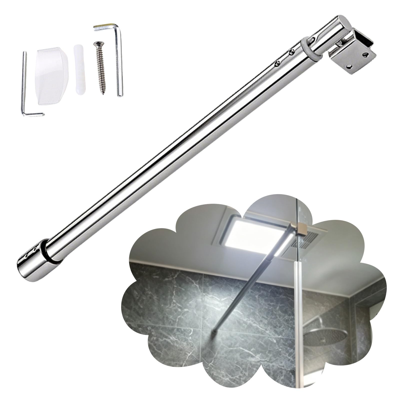 Dailify Silver 25Mm Shower Screen Support Bar Adjustable Shower Screen Support Bar, No Drilling Glass Panel Door Stabilizer Bracket, Bathroom / Enclosure Extendable Arm Clamp(,30-50Cm/11.8-19.6")