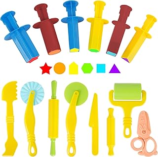 Play Dough Tools Kit for Kids, 14 PCS Playdough Accessories with Dough Extruders, Safety Scissors, Rollers and Cutters, Play Dough Tools Set for Kids Ages 3+, Random Color