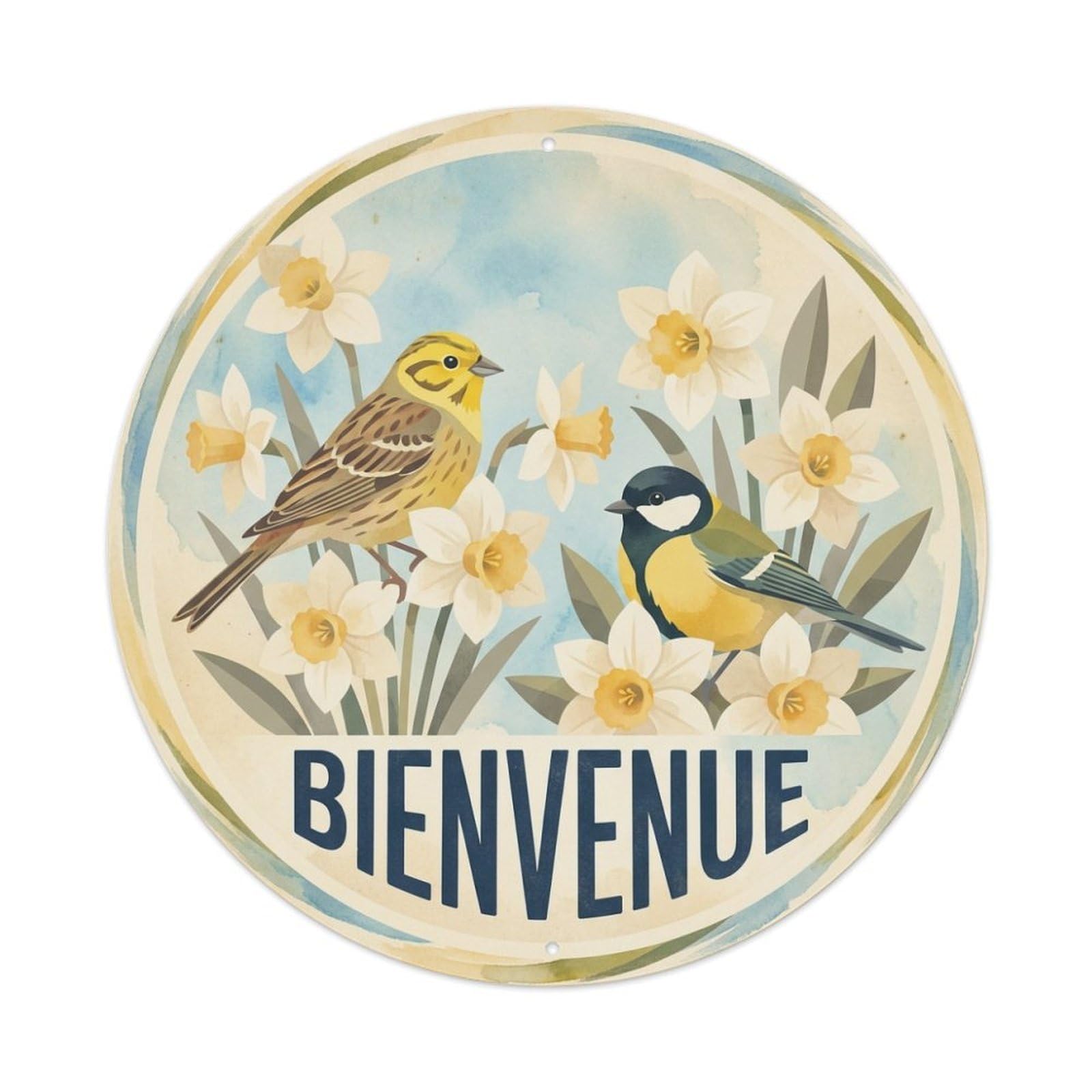 Daffodil Sprig Bienvenue Watercolor Bird Slogan Metal Tin Sign