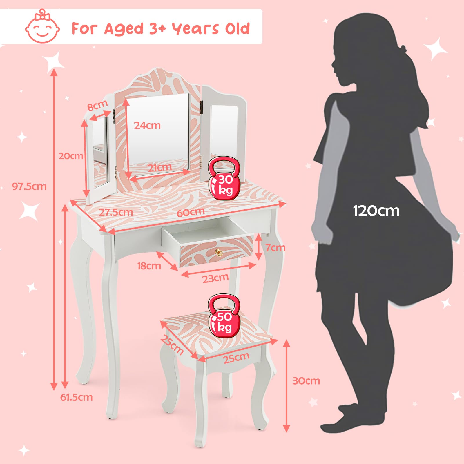 GOPLUS Tocador Infantil de Madera, Tocador de Maquillaje Princesa con Taburete y Espejo, Placa Extraíble, Mesa de Cosméticos con Cajón, 60 x 27,5 x 97,5 cm (Cebra Rosa)