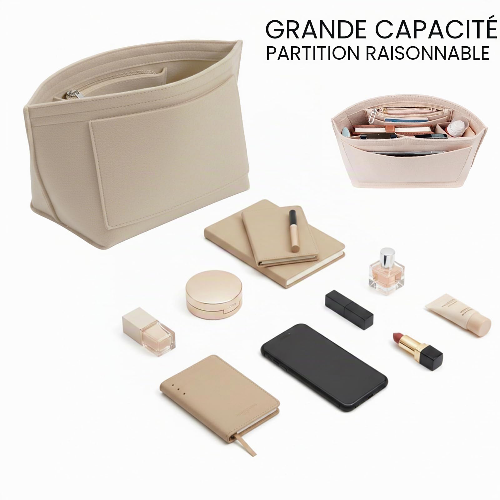 Organisateur de Sac en Feutre avec Plusieurs Poches, Insert de Sac à Main Léger avec Poche Zippée, Organisateur pour Tote Bag, Beige, L