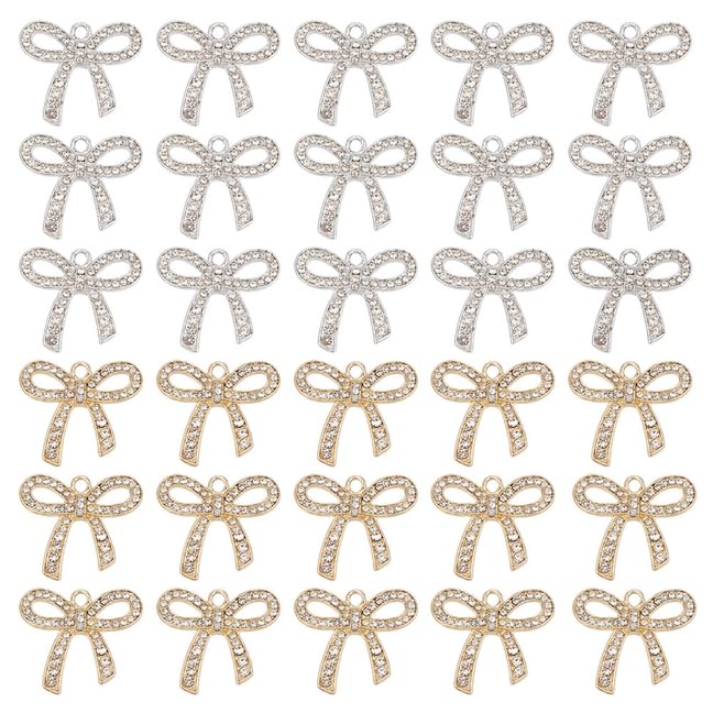 DELORIGIN 30 colgantes de lazos de diamantes de imitación, 2 colores, aleación de cristal, bonitos lazos de lazo, suministros para hacer joyas, pulseras, collares, aretes, colgantes, regalos hechos a