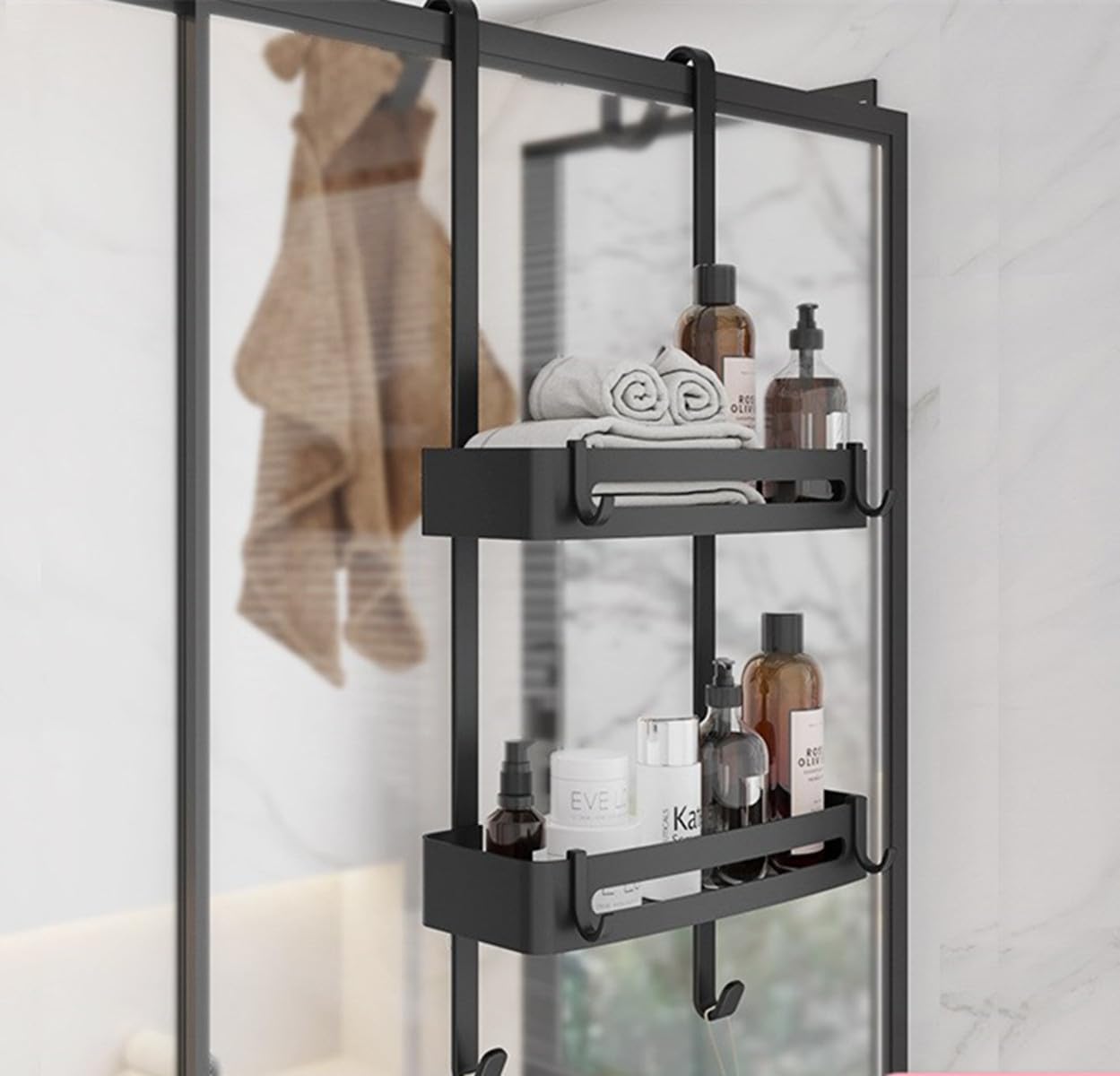 Over The Door Shower Caddy, Rustproof Aluminum Shower Caddy Hanging, 2-Tier Black Shower Head Rack Shelves for Inside Shower, Towel Hanger Shower Home Decor Bathroom Accessories (Black)