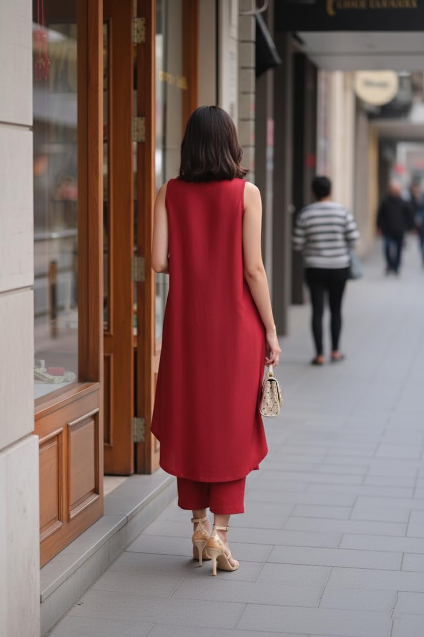 ANNI Designer Kurta damska rayon wiskoza, rozkloszowana, jednokolorowa, ze spodniami, bez rękawów, dekolt w serek, elegancki zestaw kurta, miękki, oddychający materiał, etniczna sukienka biurowa