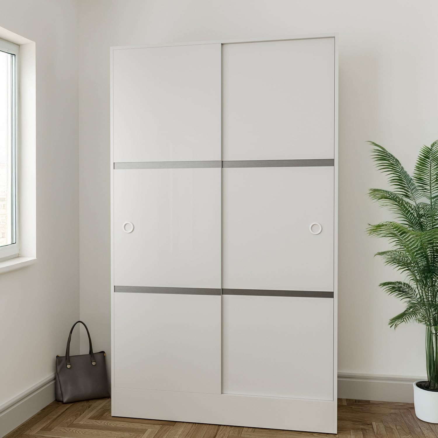 Bricozone Armadio Guardaroba Bianco Lucido Con 2 Ante Scorrevoli Con Guide Nascoste Con Ripiano Superiore Barra Appendiabiti E 4 Ripiani Struttura In Legno Melaminico 200x120x50 Cm