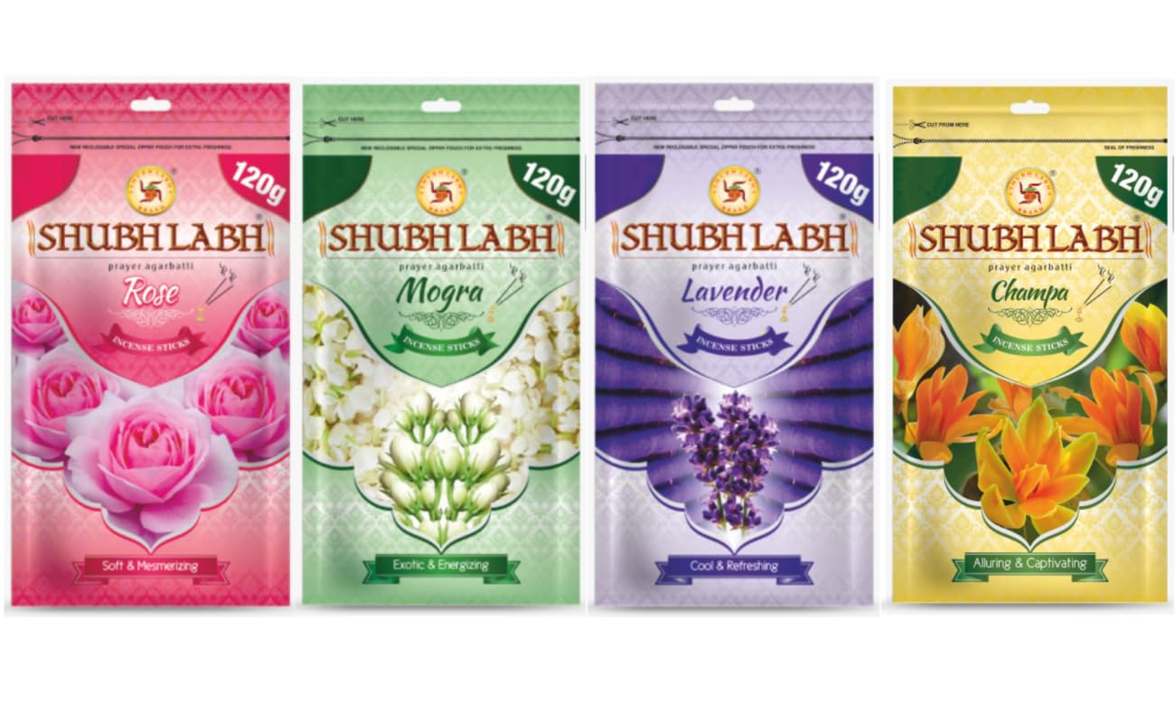 Shubh Labh Premium Incense Sticks Zipper (340 Sticks) (480gm) | Rose, Mogra, Lavender & Champa | Long-Lasting Fragrance | 45–50 Min Burn | Gulab Agarbati for Pooja & Daily Use |120 Gm Each | Pack of 4