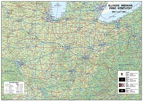 Illinois, Indiana, Ohio and Kentucky Physical Map - 23.3 x