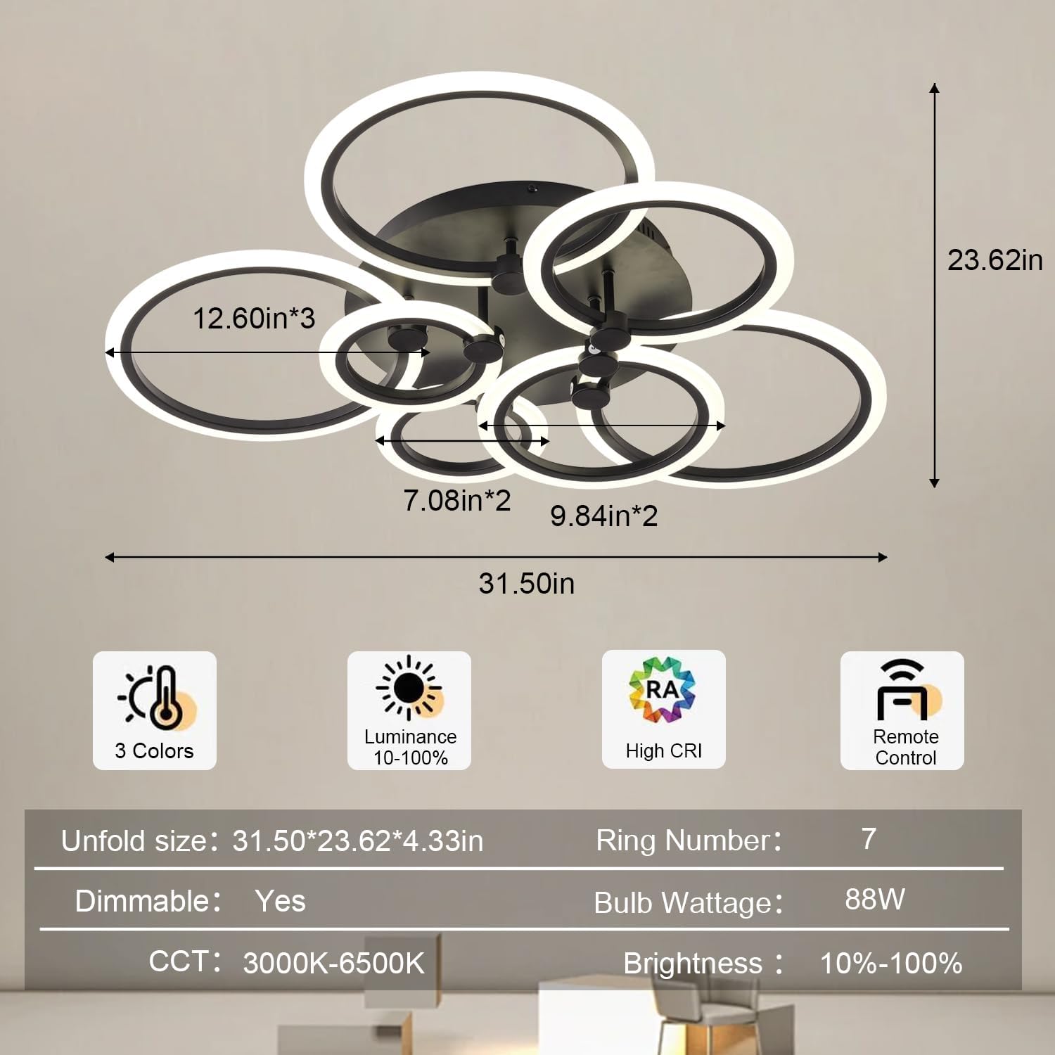 Black Mordern Ceiling Light Fixtures,Modern Led Ceiling Lights for Living Room Light Fixture Ceiling,Dimmable Close to Ceiling Light Fixtures Flush Mount 7 Rings Kitchen Light Fixture