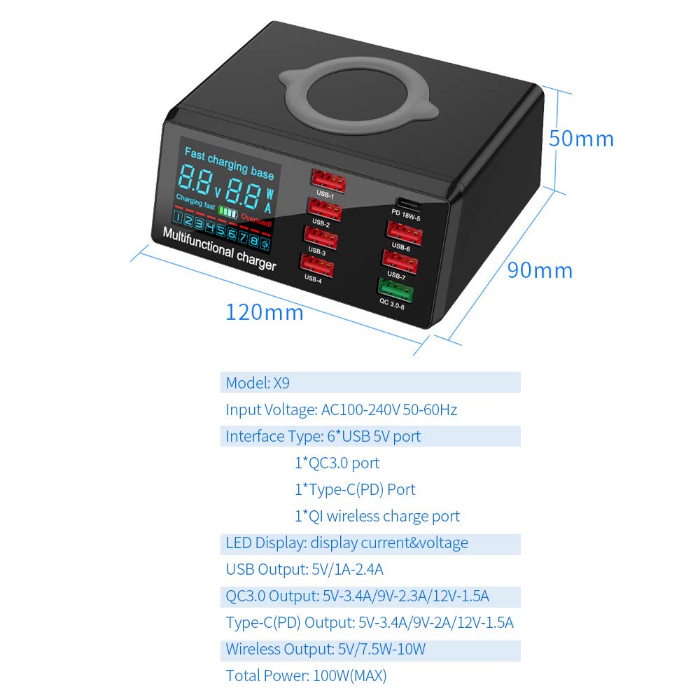 X9 8 portów bezprzewodowa ładowarka USB do szybkiego ładowania PD + QC3.0 + port USB stacja ładująca ze wskaźnikiem LED, kompatybilna z telefonem/laptopem/tabletem, wtyczka UE