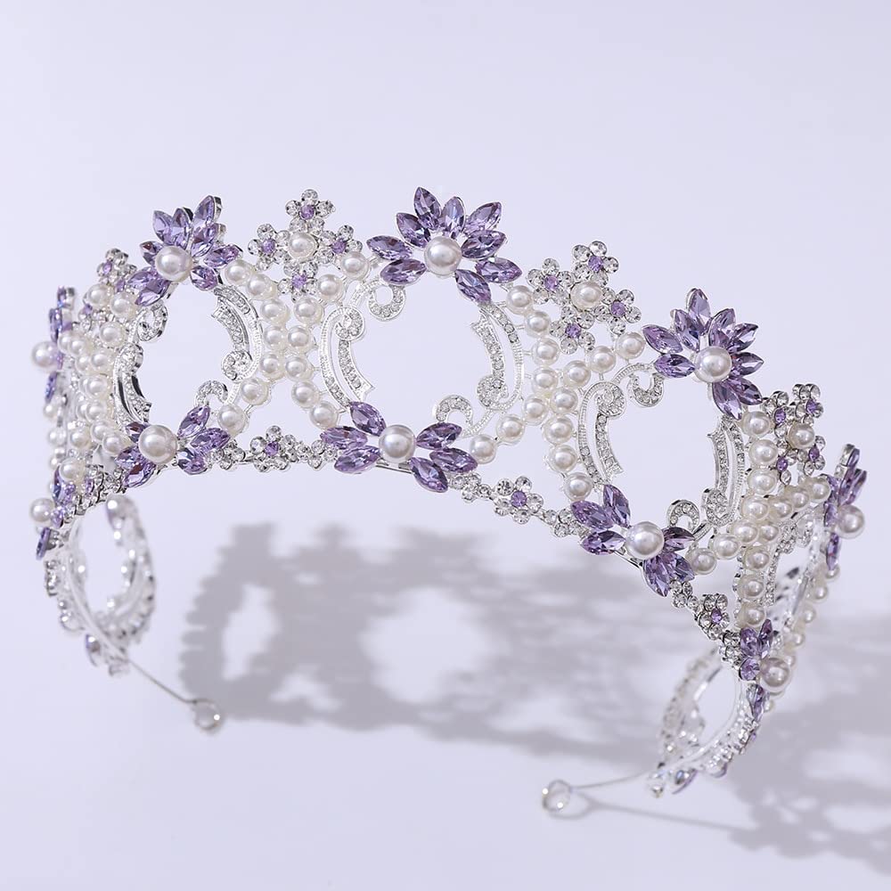 Handmade Vintage Fioletowy Kryształ Perłowy Korony Ślubne Wspaniały Rhinestone Diadem dla Panny Młodej Diadem Ślubne Akcesoria Do Włosów Obręcz Do Włosów (Kolor Metalu: Jasnofioletowy)